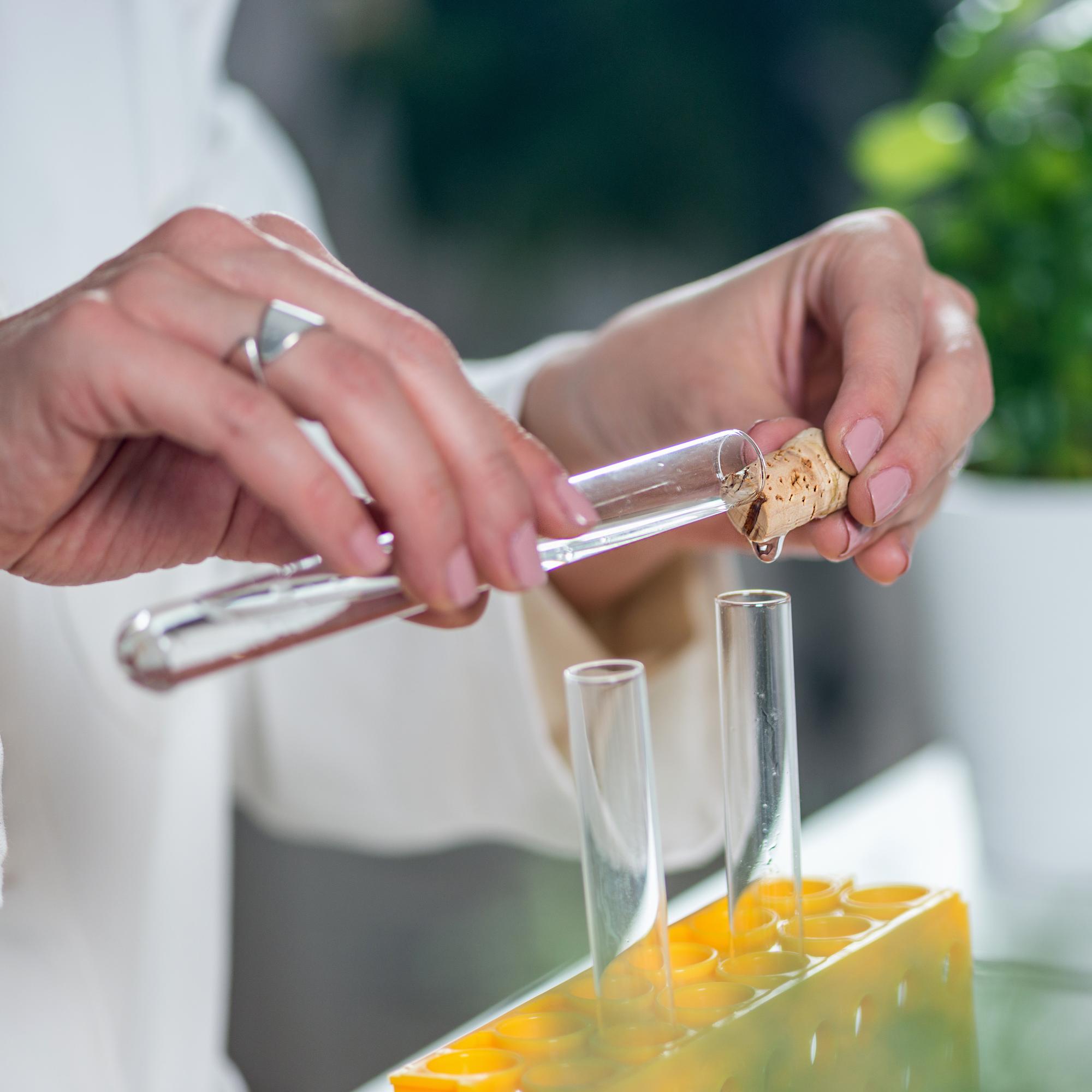 hands preparing ingredient samples